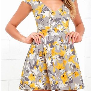 Grey and Yellow Floral Print Skater Dress